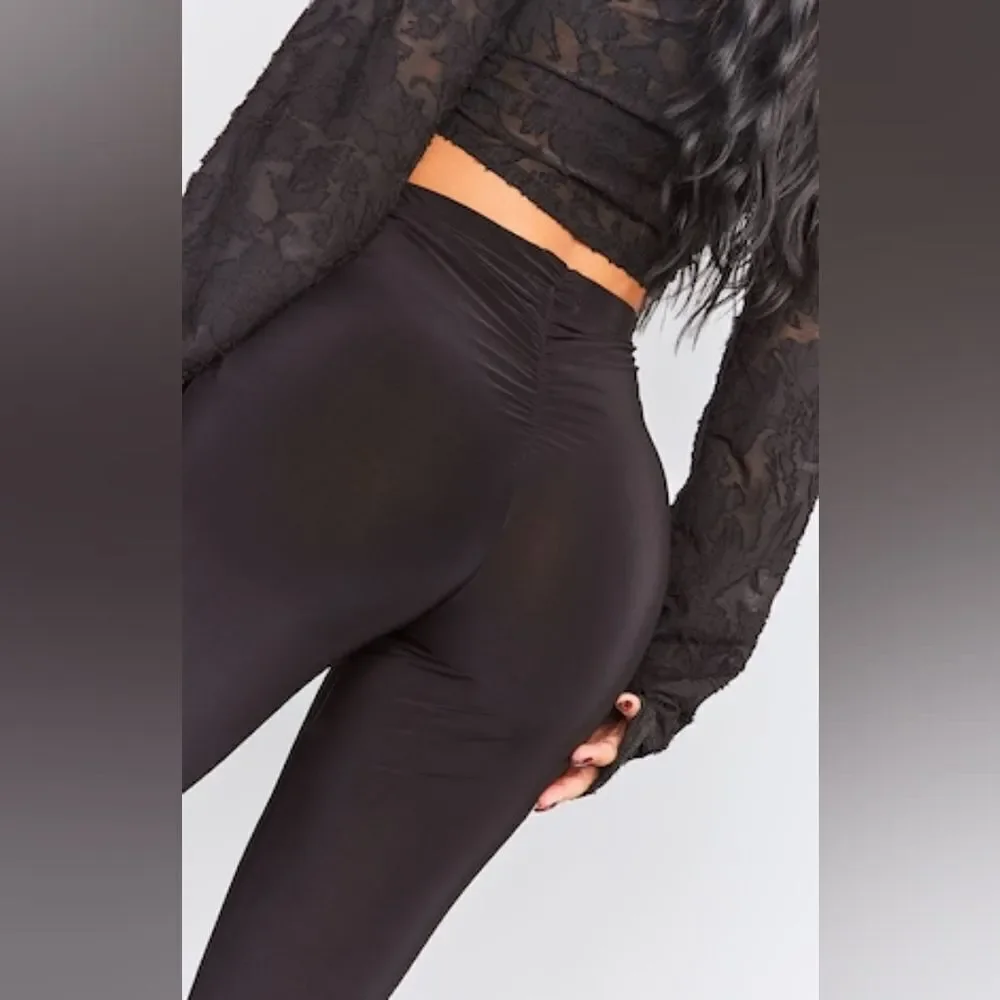 PrettyLittleThing Petite Black Flare Ruched Bum Slinky Pants Size 6 in black NWT